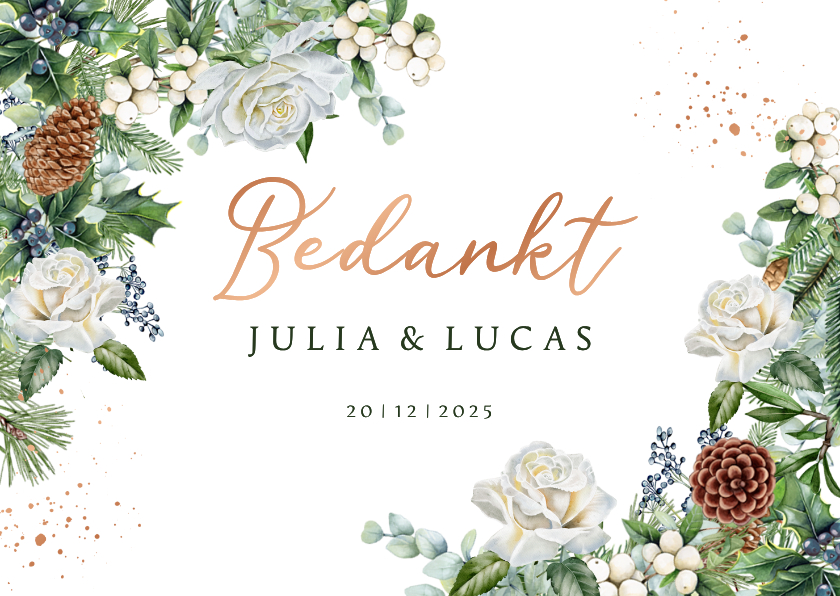 Trouwkaarten - Trouwkaart bedankt witte rozen kerst