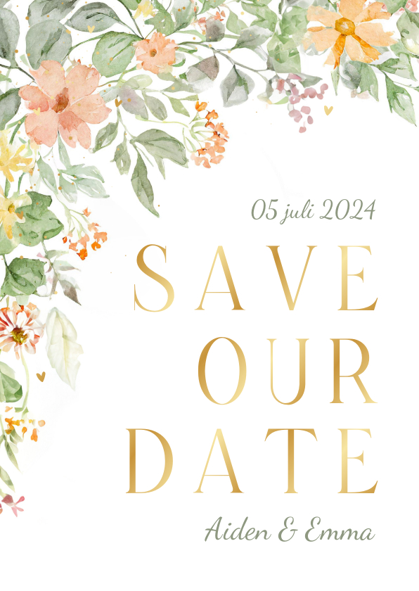 Trouwkaarten - Trouwkaart bloemen in de hoek romantisch save the date