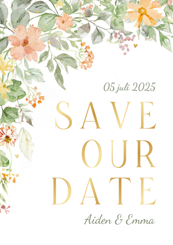 Trouwkaarten - Trouwkaart bloemen in de hoek romantisch save the date