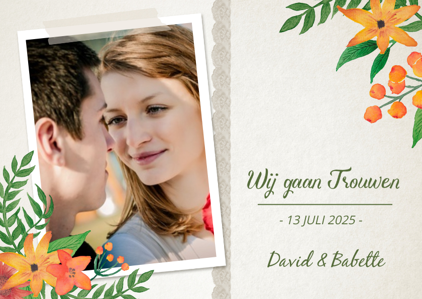 Trouwkaart Bloemen Stijlvol Foto - Trouwkaarten Trouwkaarten - Trouwkaart Bloemen Stijlvol Foto