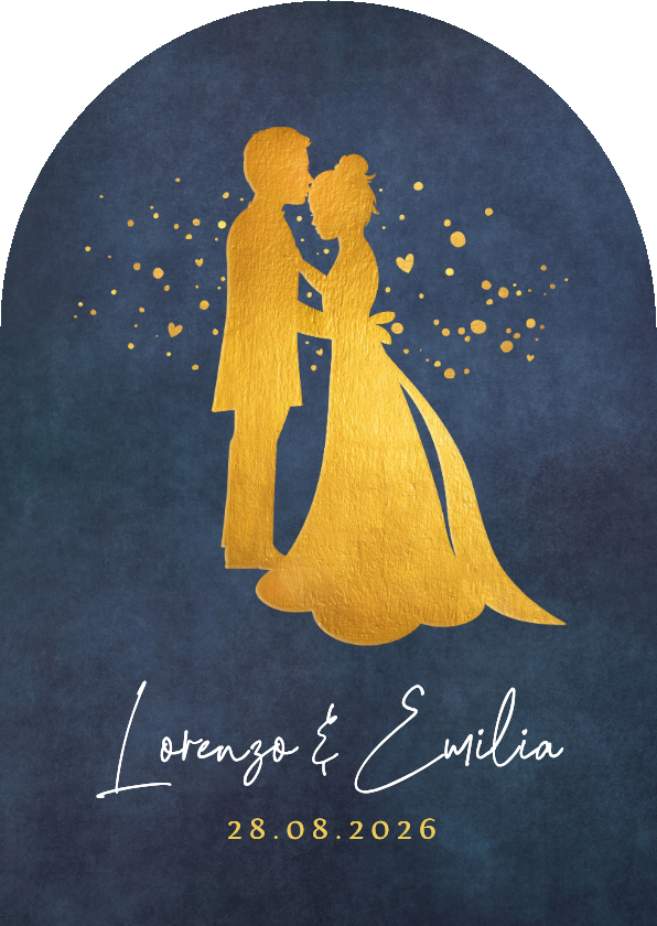 Trouwkaarten - Trouwkaart boog vorm met silhouet van een bruidspaar