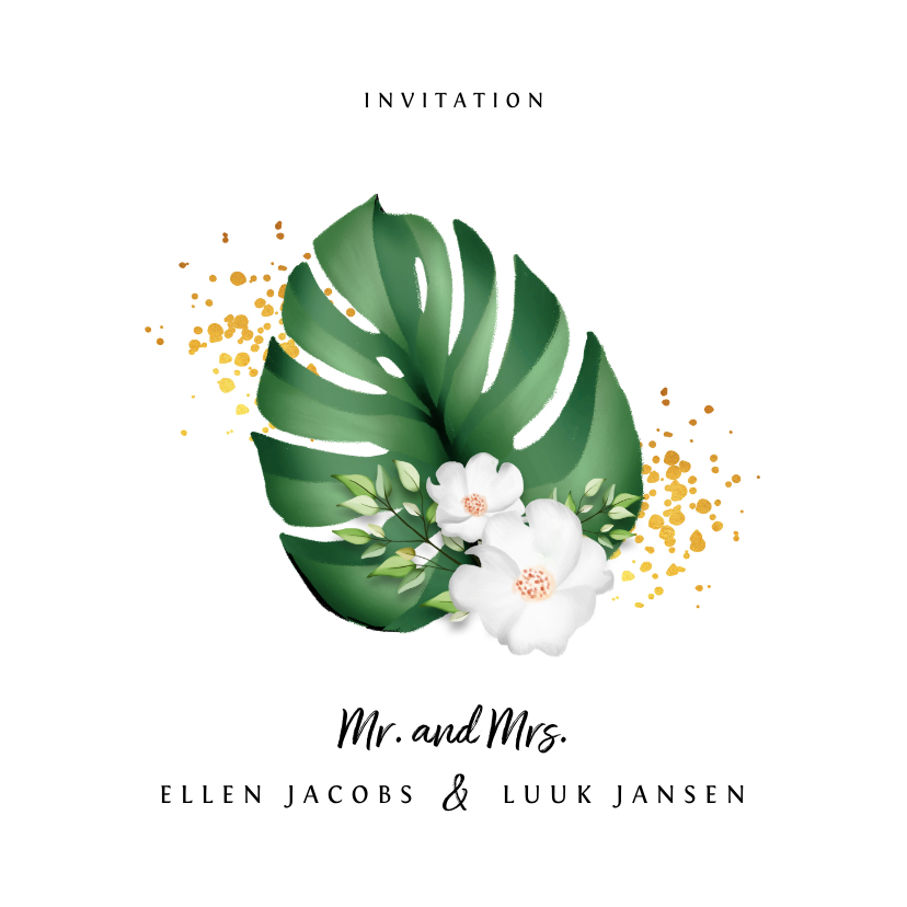 Trouwkaart botanisch stijlvol met blad, goud en bloemen Trouwkaart botanisch stijlvol met blad, goud en bloemen