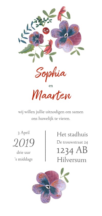 Trouwkaart botanisch viooltjes Trouwkaart botanisch viooltjes