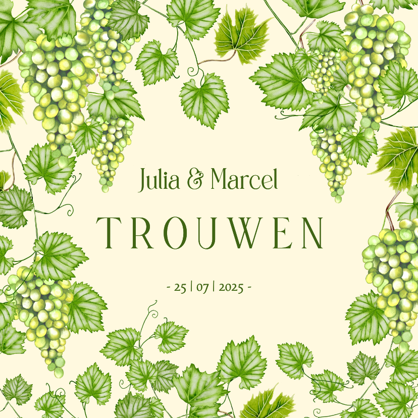 Trouwkaarten - Trouwkaart botanische druiven met druivenbladeren