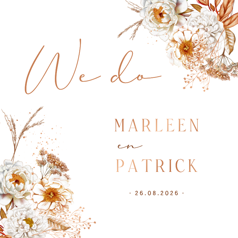 Trouwkaarten - Trouwkaart botanische rozen in herfstkleuren