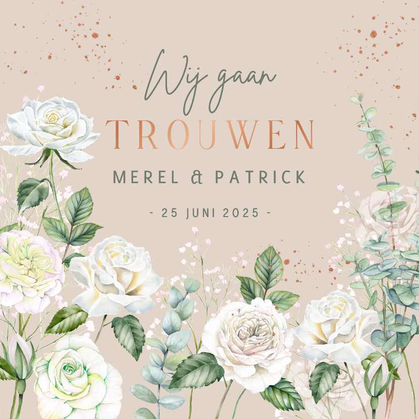 Trouwkaart botanische witte rozen - Trouwkaarten Trouwkaarten - Trouwkaart botanische witte rozen