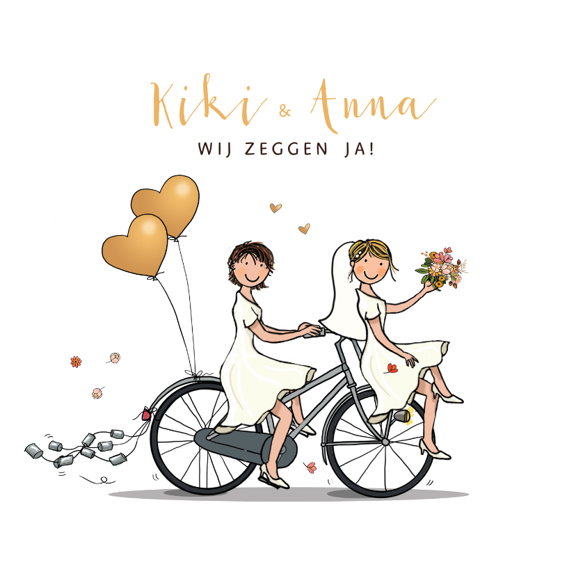 Trouwkaart bruiden fiets en blikjes Trouwkaart bruiden fiets en blikjes