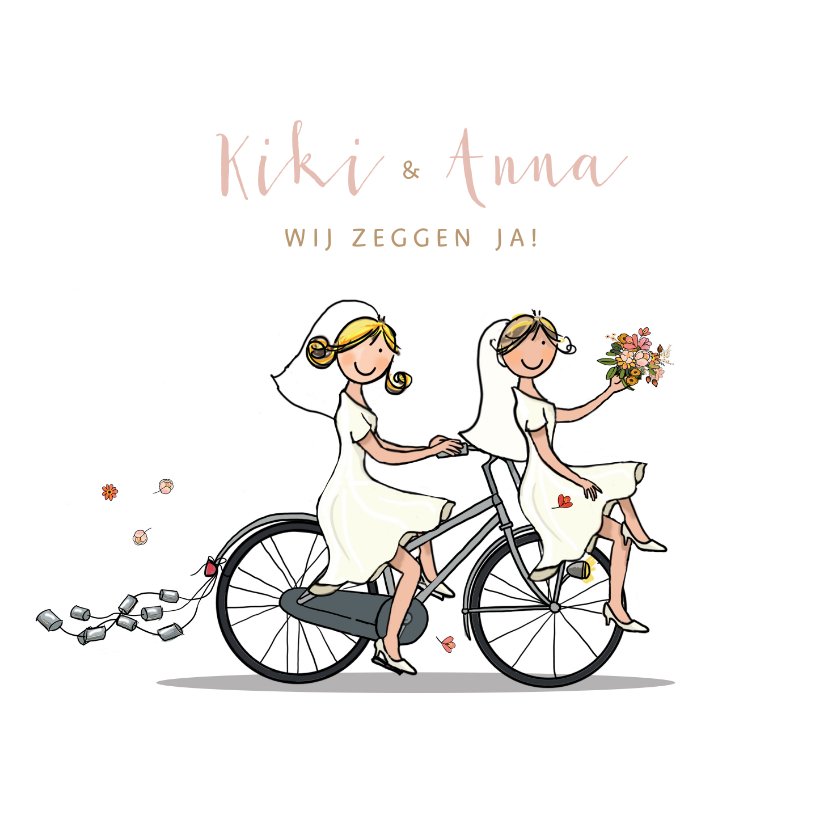 Trouwkaart bruiden fiets en molen - Trouwkaarten Trouwkaarten - Trouwkaart bruiden fiets en molen