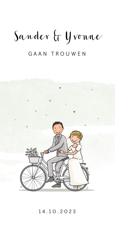 Trouwkaarten - Trouwkaart bruidspaar op fiets met hartjes