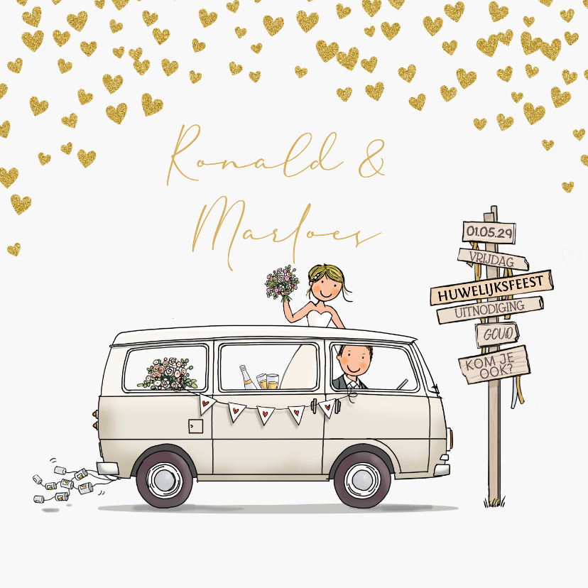 Trouwkaarten - Trouwkaart busje wit met hartjes