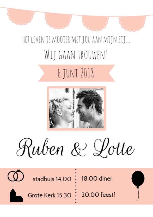 Trouwkaart BW Roze - WW - Trouwkaarten Trouwkaarten - Trouwkaart BW Roze - WW