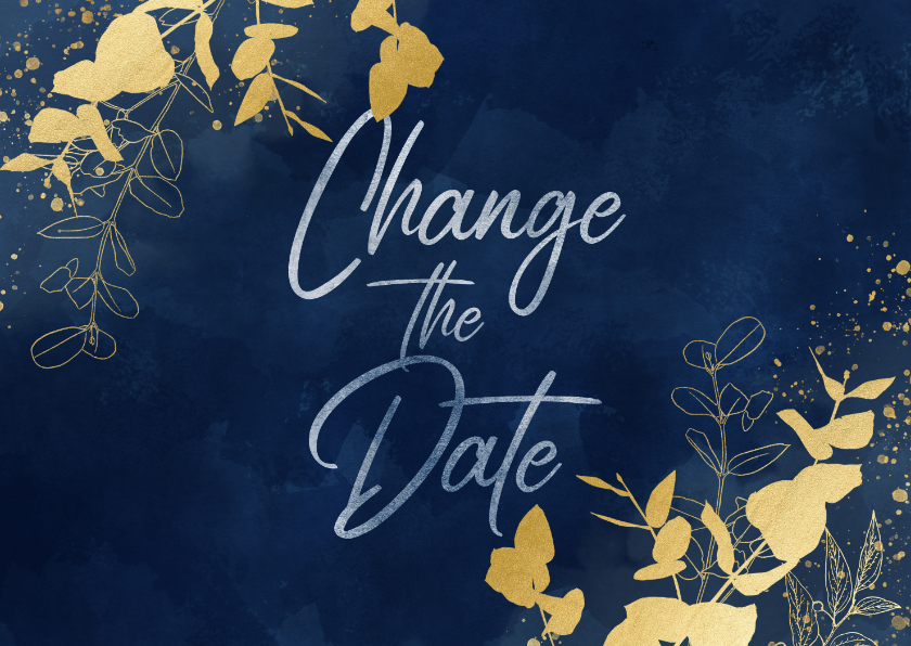 Trouwkaart Change the date blauwe waterverf gouden planten - Trouwkaarten Trouwkaarten - Trouwkaart Change the date blauwe waterverf gouden planten