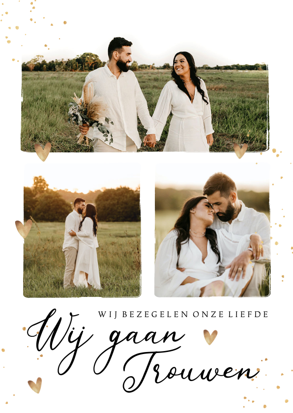 Trouwkaart collage met spetters goud en hartjes Trouwkaart collage met spetters goud en hartjes