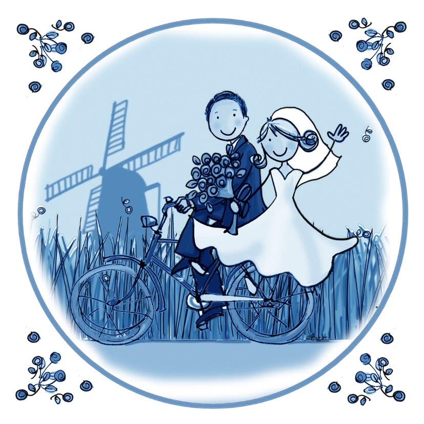 Trouwkaart Delftsblauw fiets 1 - Trouwkaarten Trouwkaarten - Trouwkaart Delftsblauw fiets 1