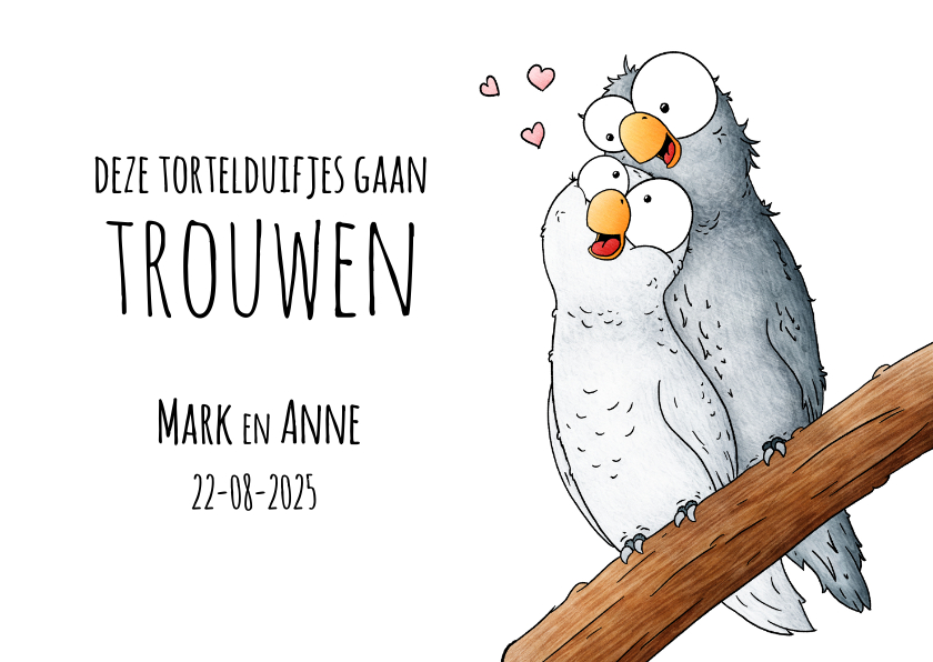 Trouwkaarten - Trouwkaart deze tortelduifjes gaan trouwen