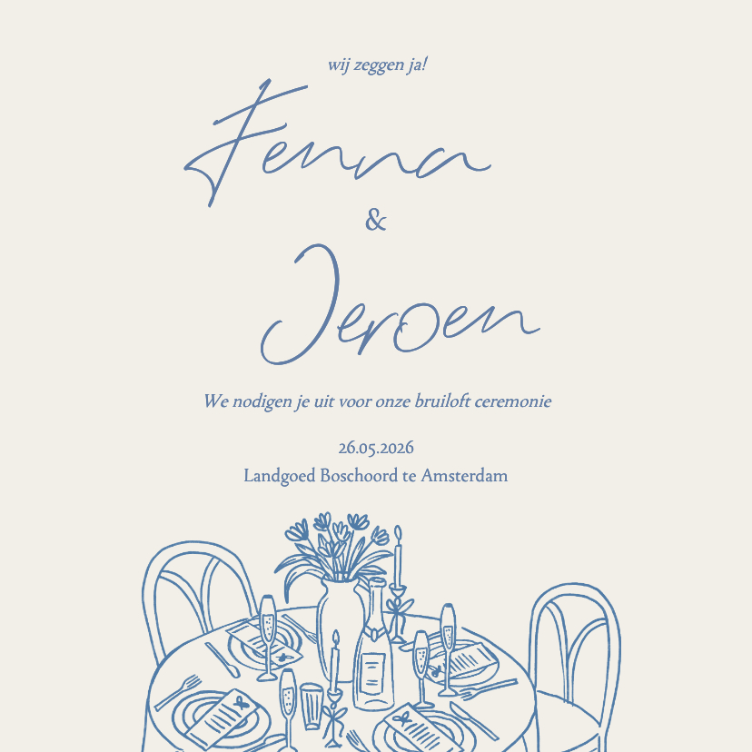 Trouwkaarten - Trouwkaart doodle tekening gedekte tafel diner