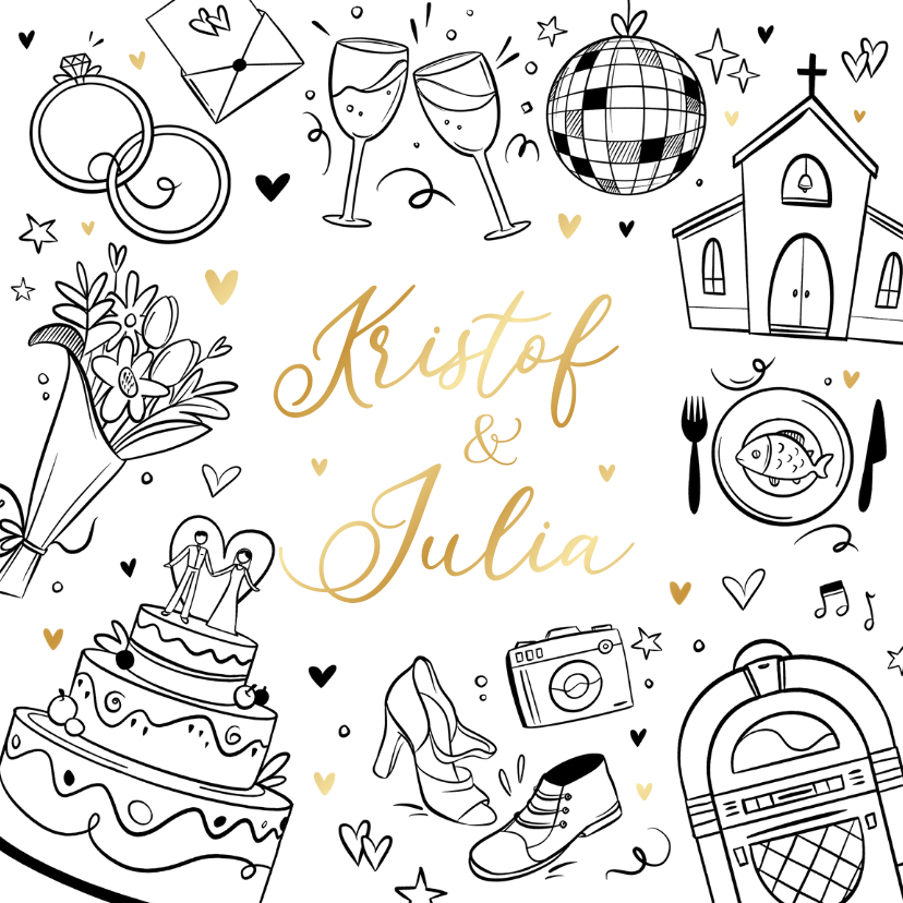 Trouwkaart doodle timeline illustratie hartjes goud - Trouwkaarten Trouwkaarten - Trouwkaart doodle timeline illustratie hartjes goud
