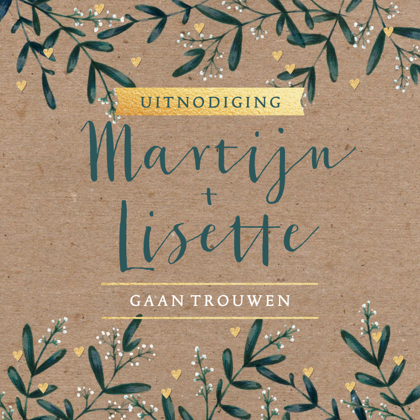 Trouwkaart eucalyptus kraftlook hartjes - Trouwkaarten Trouwkaarten - Trouwkaart eucalyptus kraftlook hartjes