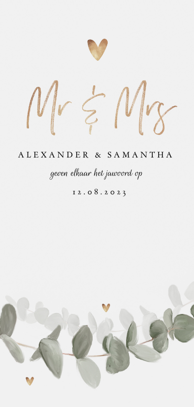Trouwkaart eucalyptus mr and mrs goud hartjes - Trouwkaarten Trouwkaarten - Trouwkaart eucalyptus mr and mrs goud hartjes
