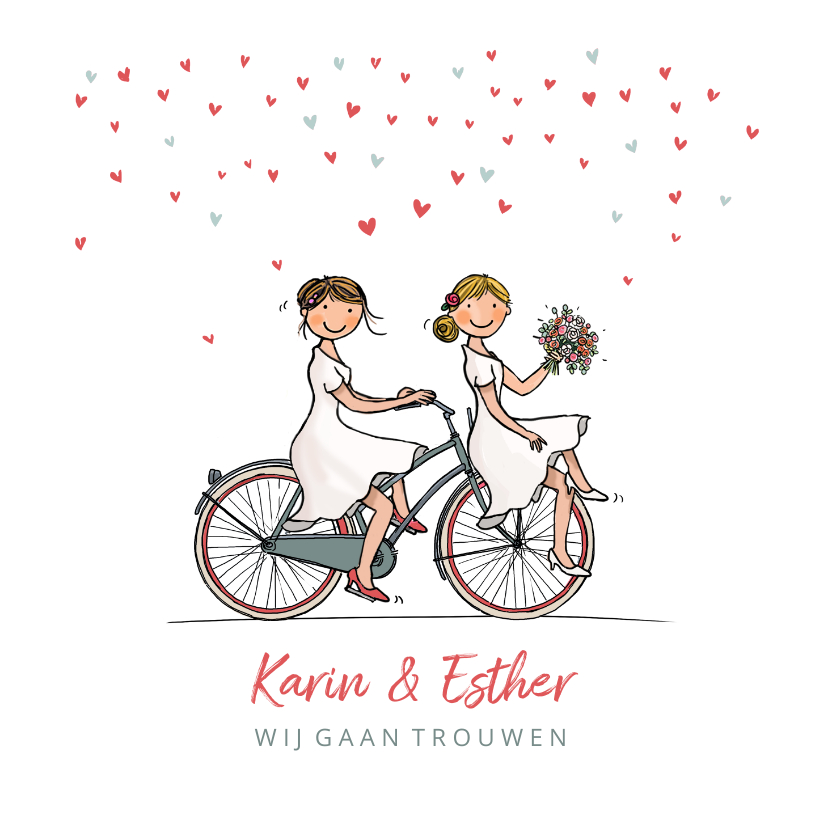 Trouwkaarten - Trouwkaart fiets bruiden