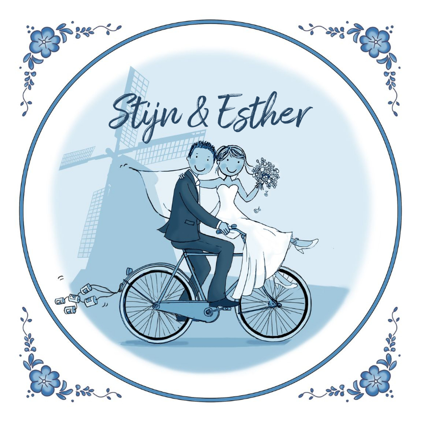 Trouwkaart fiets delftsblauw molen Trouwkaart fiets delftsblauw molen