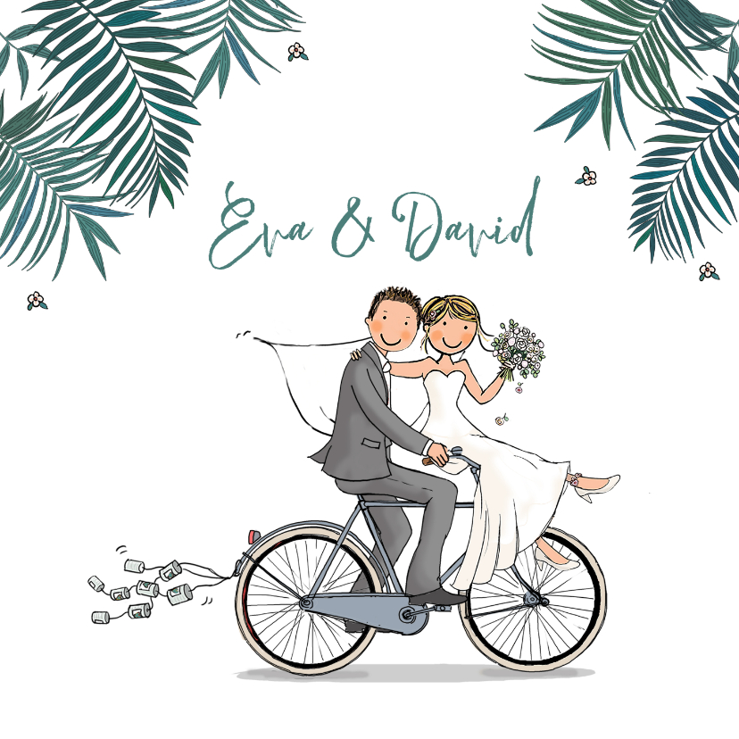 Trouwkaart fiets met blikjes - Trouwkaarten Trouwkaarten - Trouwkaart fiets met blikjes