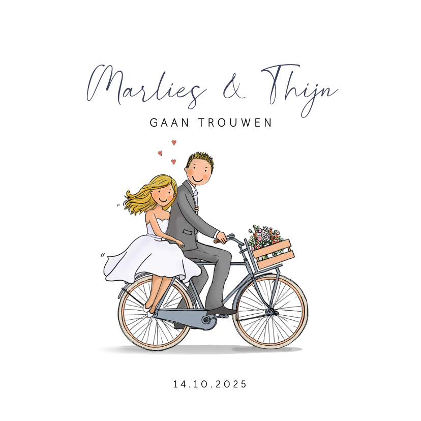 Trouwkaart fiets met bruidspaar hartjes - Trouwkaarten Trouwkaarten - Trouwkaart fiets met bruidspaar hartjes