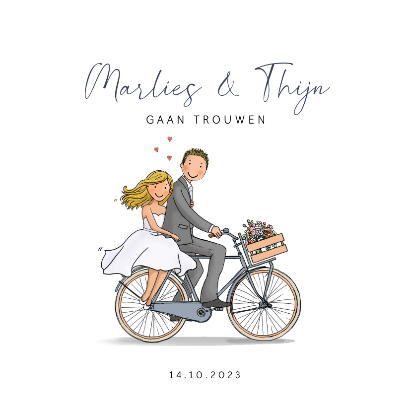 Trouwkaarten - Trouwkaart fiets met bruidspaar hartjes