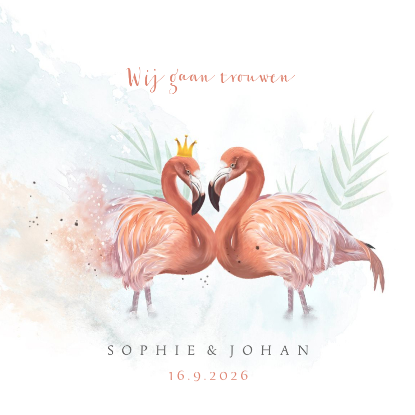 Trouwkaart flamingo's waterverf Trouwkaart flamingo's waterverf