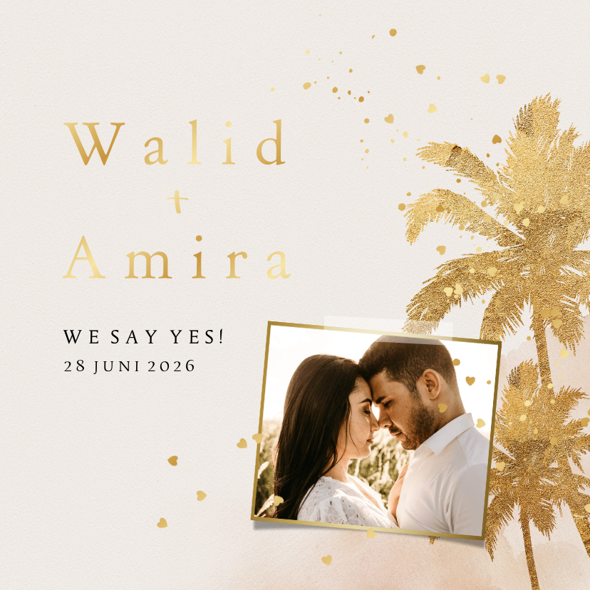 Trouwkaart foliedruk goud hartjesconfetti palmboom waterverf Trouwkaart foliedruk goud hartjesconfetti palmboom waterverf