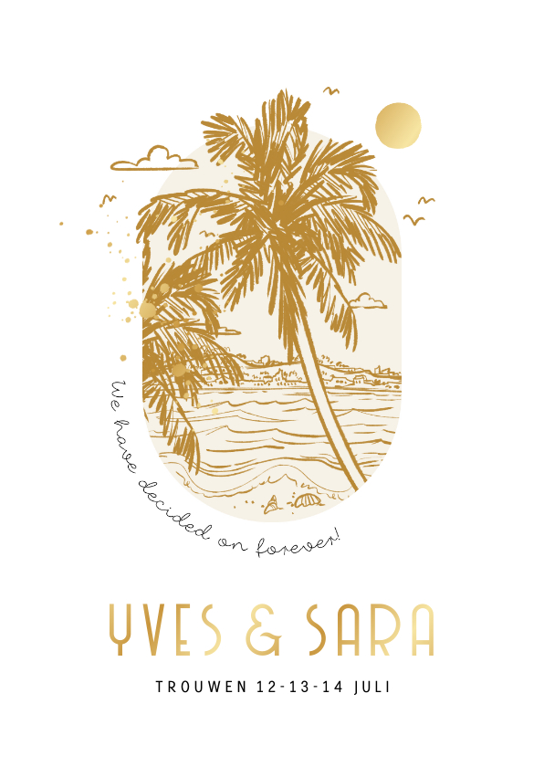 Trouwkaarten - Trouwkaart foliedruk goud strand bohemian illustratie