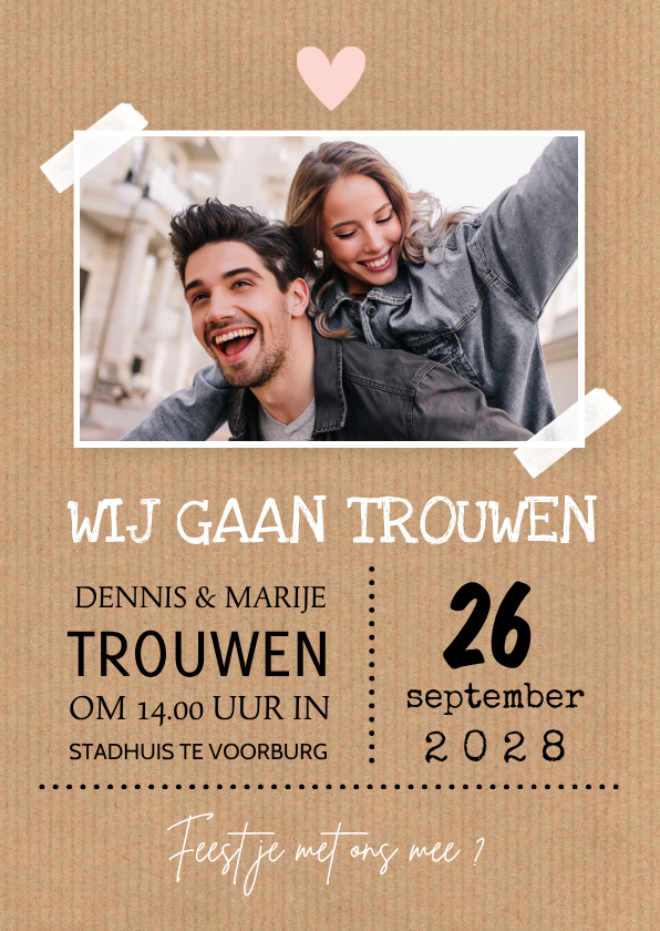 Trouwkaart foto kraft hartje typografie - Trouwkaarten Trouwkaarten - Trouwkaart foto kraft hartje typografie