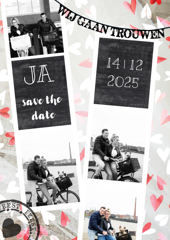 trouwkaart foto strip hartjes - Trouwkaarten Trouwkaarten - trouwkaart foto strip hartjes