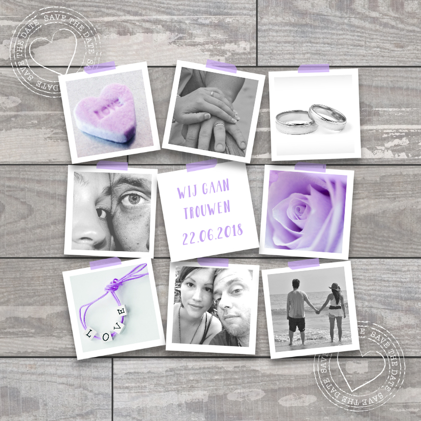 Trouwkaart fotocollage houtlook lila - Trouwkaarten Trouwkaarten - Trouwkaart fotocollage houtlook lila