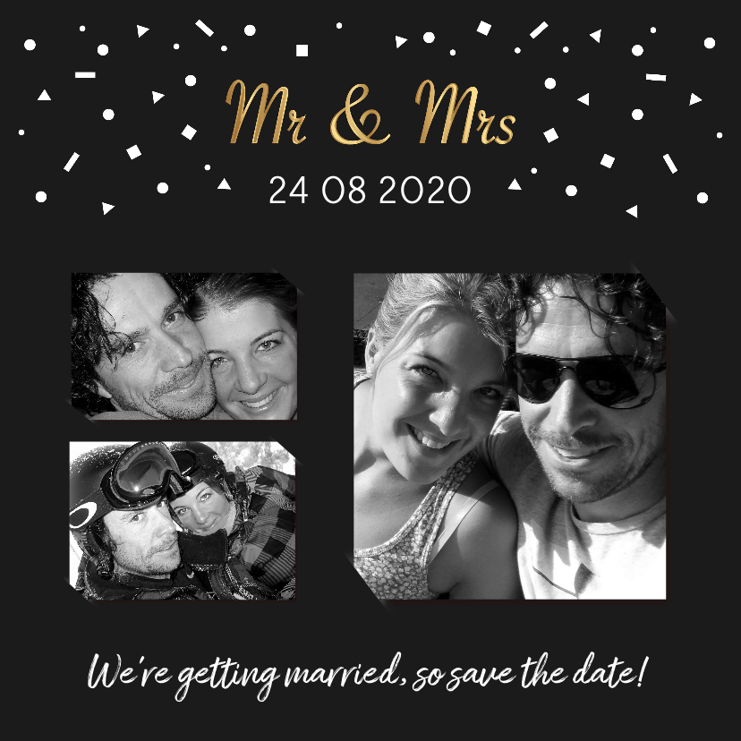 Trouwkaart fotocollage zwart confetti mr&mrs goud - Trouwkaarten Trouwkaarten - Trouwkaart fotocollage zwart confetti mr&mrs goud