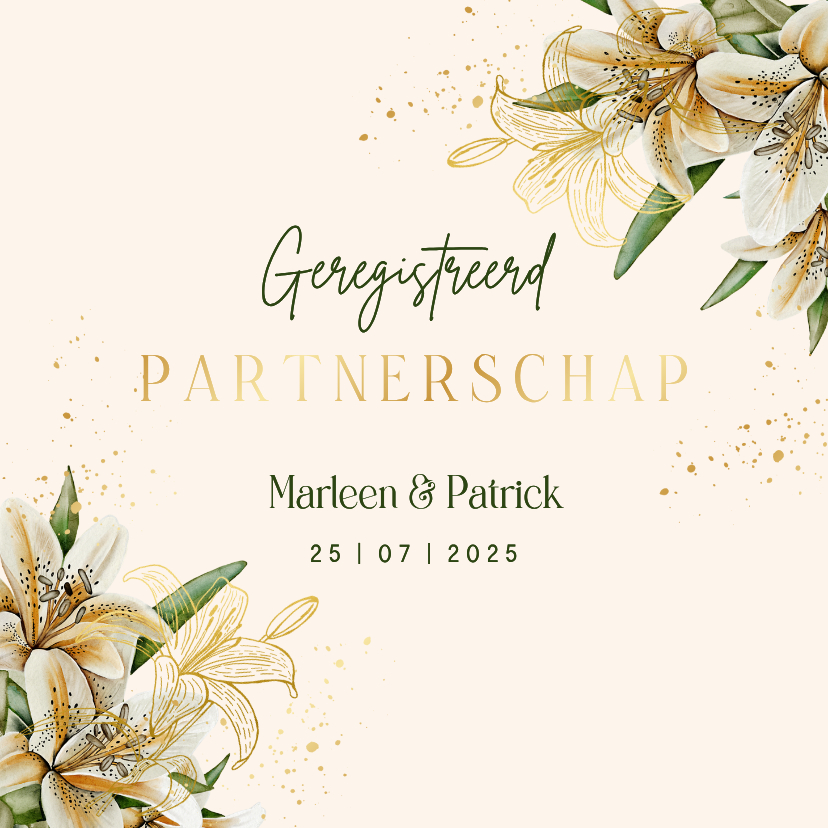 Trouwkaart geregistreerd partnerschap witte lelies goudfolie - Trouwkaarten Trouwkaarten - Trouwkaart geregistreerd partnerschap witte lelies goudfolie