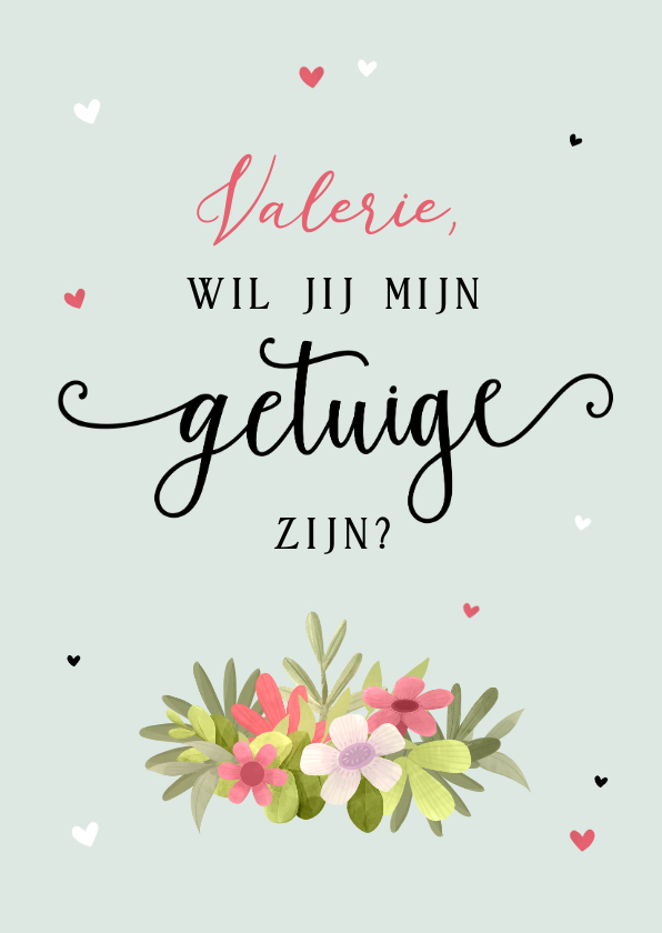 Trouwkaart getuige bloemen hartjes groen Trouwkaart getuige bloemen hartjes groen