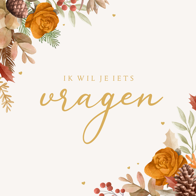 Trouwkaarten - Trouwkaart getuige vragen bloemen herfst goud hartjes