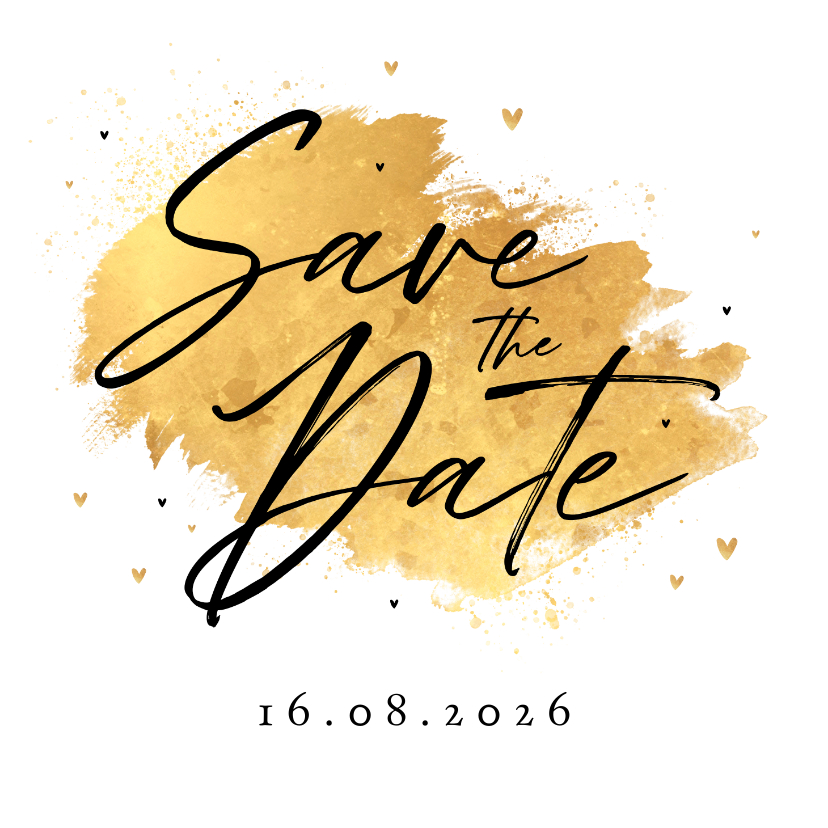 Trouwkaarten - Trouwkaart gouden verf Save the Date hartjes stijlvol