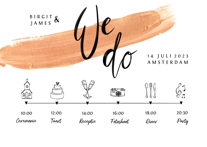 Trouwkaart goudlook tijdlijn verf - Trouwkaarten Trouwkaarten - Trouwkaart goudlook tijdlijn verf