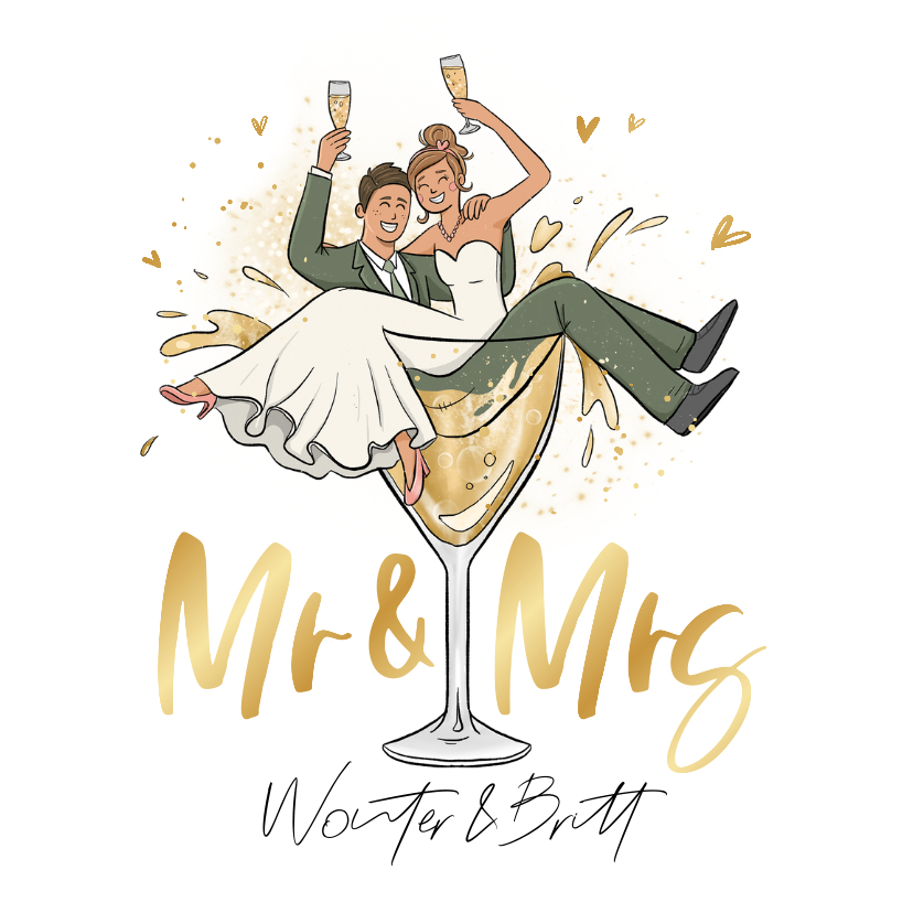 Trouwkaarten - Trouwkaart grappig cartoon mr mrs bruidspaar champagne