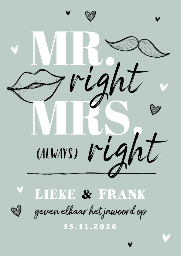 Trouwkaart grappig mr and mrs right hartjes doodle - Trouwkaarten Trouwkaarten - Trouwkaart grappig mr and mrs right hartjes doodle
