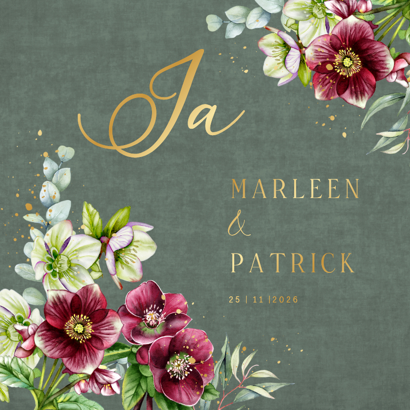 Trouwkaart helleborus bloemen op groen fluweel - Trouwkaarten Trouwkaarten - Trouwkaart helleborus bloemen op groen fluweel