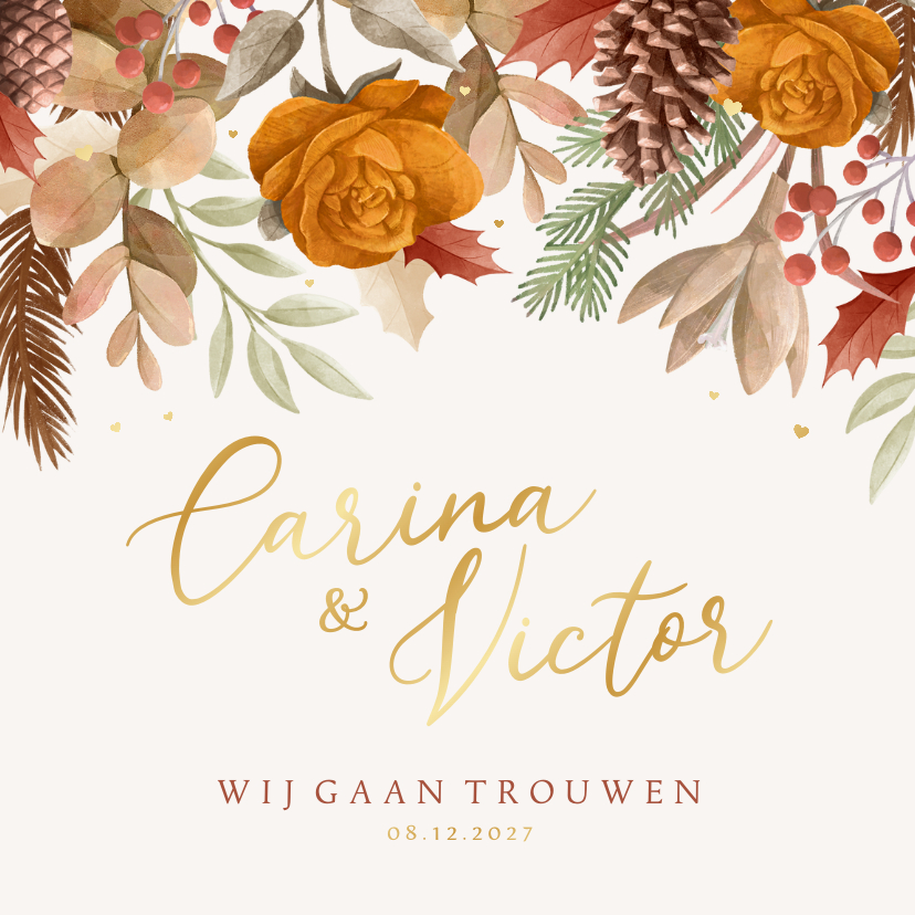 Trouwkaarten - Trouwkaart herfst bladeren bloemen hartjes goud winter