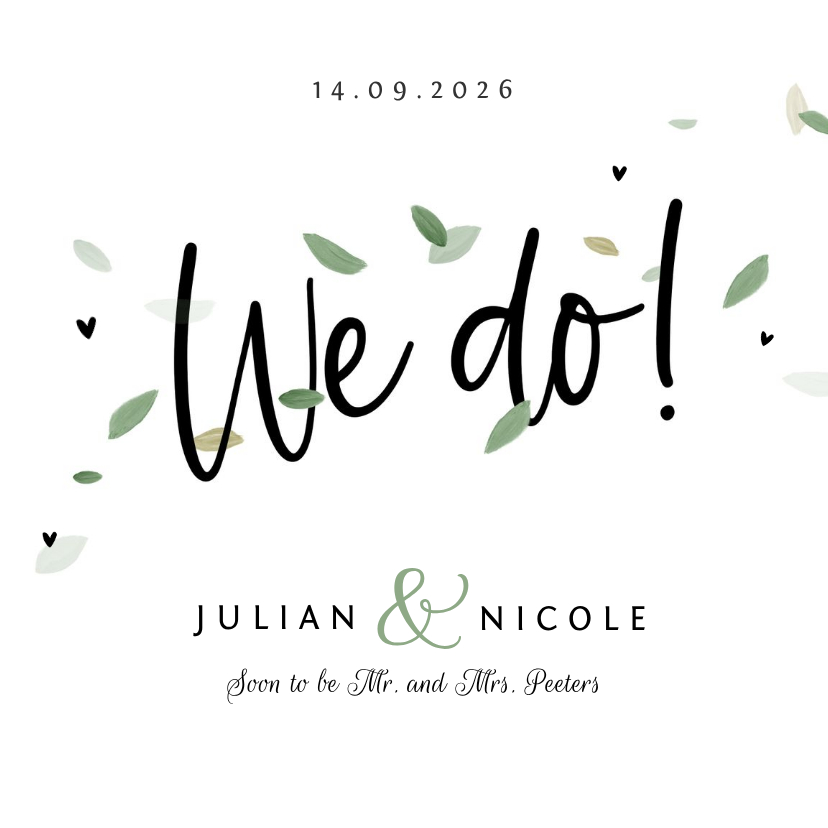 Trouwkaart hip blaadjes eco stijlvol typografisch groen - Trouwkaarten Trouwkaarten - Trouwkaart hip blaadjes eco stijlvol typografisch groen