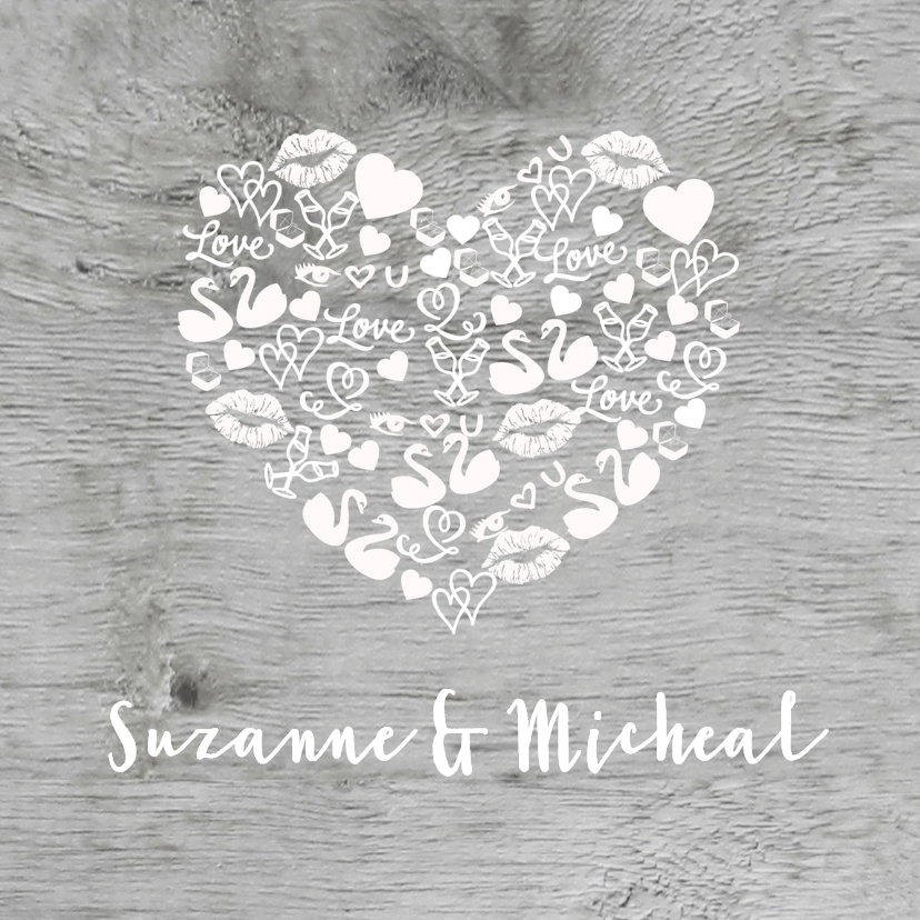 Trouwkaart iconen hart hout wit - Trouwkaarten Trouwkaarten - Trouwkaart iconen hart hout wit