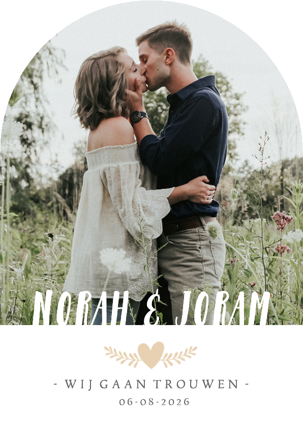 Trouwkaarten - Trouwkaart in boogvorm met grote eigen foto en namen