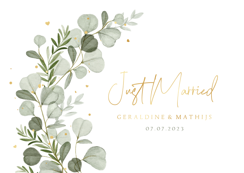 Trouwkaart just married eucalyptus hartjes goud stijlvol - Trouwkaarten Trouwkaarten - Trouwkaart just married eucalyptus hartjes goud stijlvol