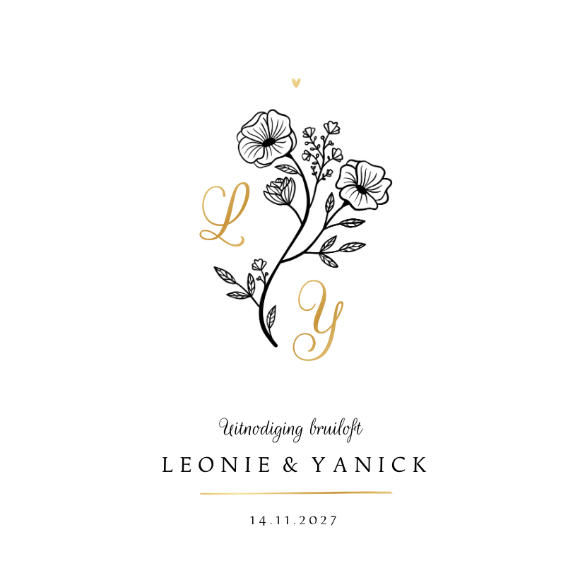 Trouwkaart klassiek minimalistisch goud bloemen initialen - Trouwkaarten Trouwkaarten - Trouwkaart klassiek minimalistisch goud bloemen initialen