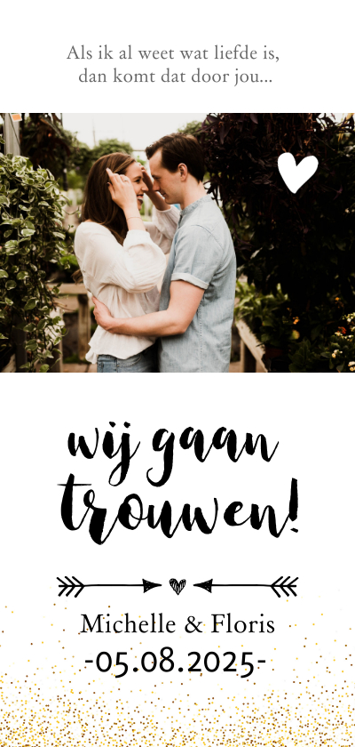 Trouwkaarten - Trouwkaart - langwerpig met pijl en eigen foto 